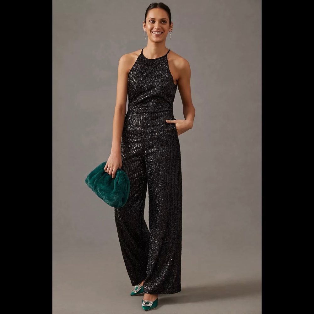 Anthropologie Sequin Disco Jumpsuit Maeve Wide Leg Black 70s Cocktail NWT 4